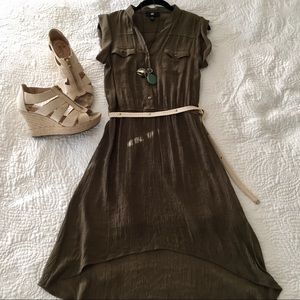 Olive Green High-Low Shirt Dress w/Belt