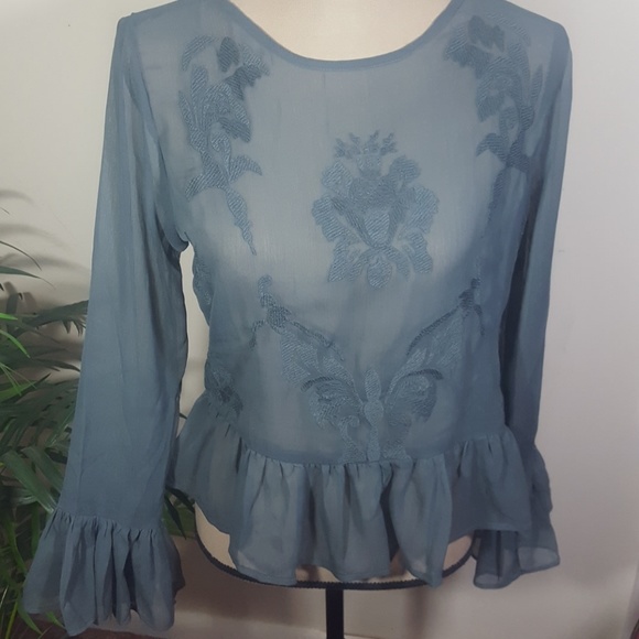 Walter Baker Peplum Sheer Embroidered Grey Top NWT!! - Picture 2 of 8