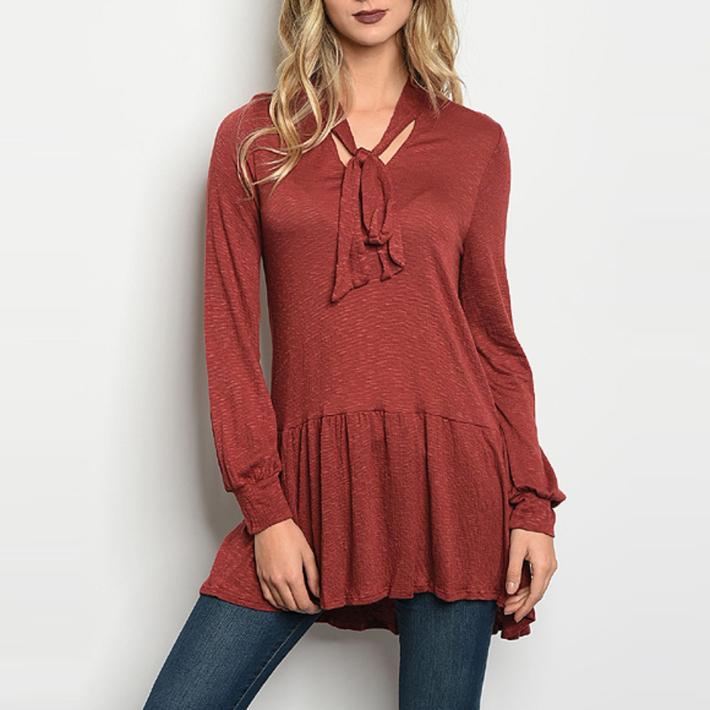 Rust Tie Neck Flare Hem Tunic
