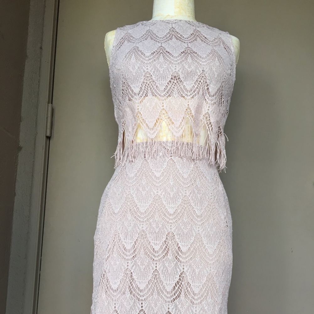 SEXY Silvery Pink/Nude Lace Fringed Dress
