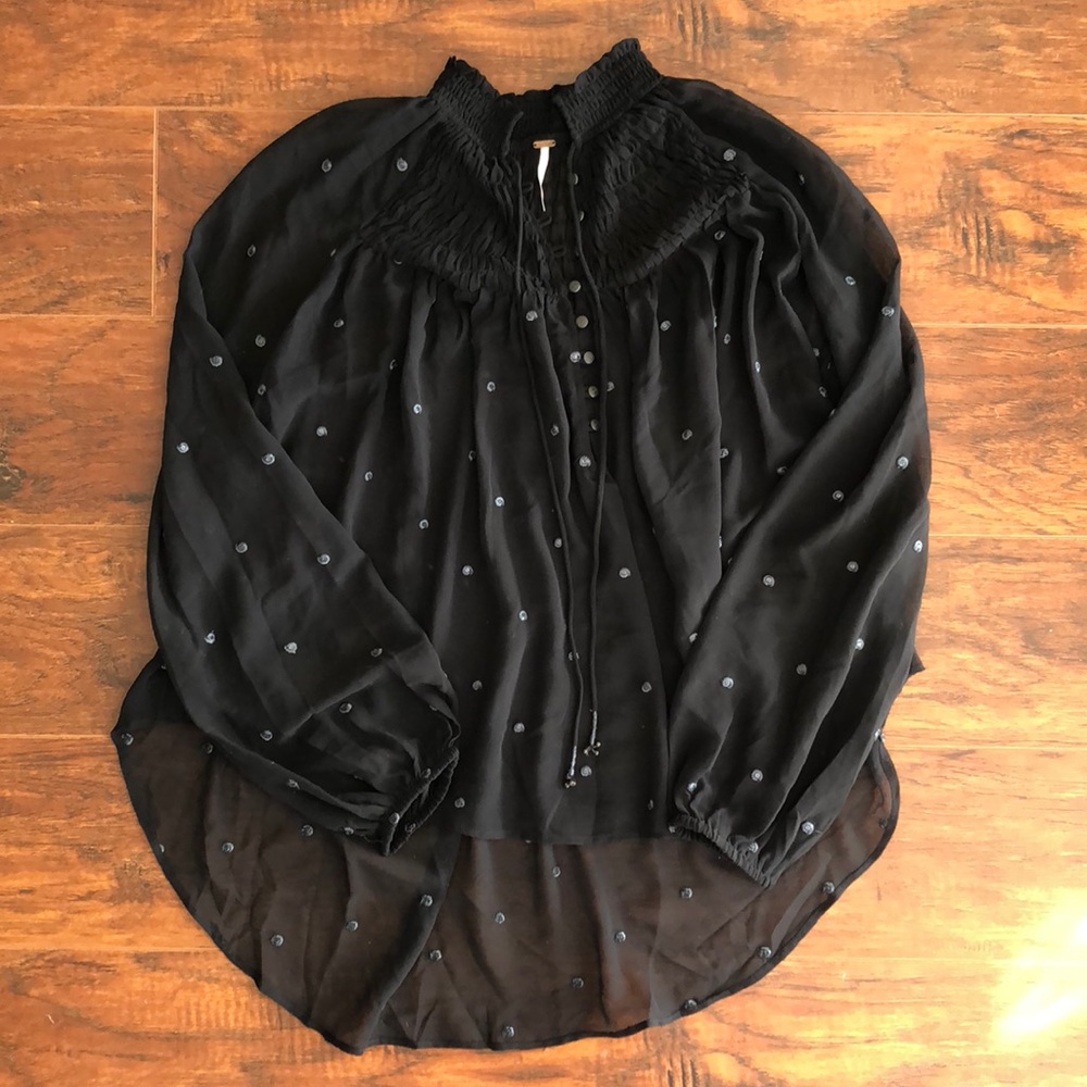 Free People romantic bohemian black sheer loose blouse