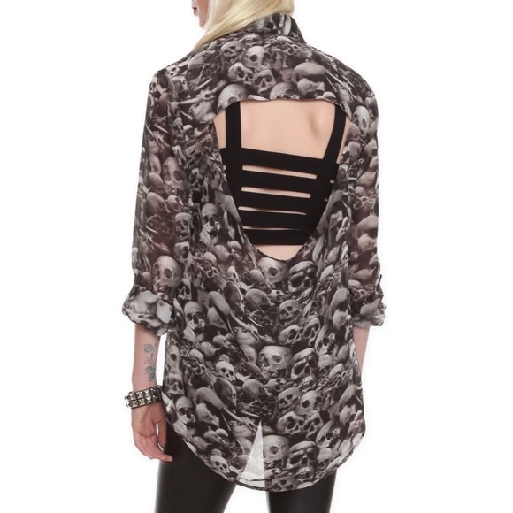 Grunge Hot Topic Skull Chiffon Button Down Shirt - Picture 1 of 2
