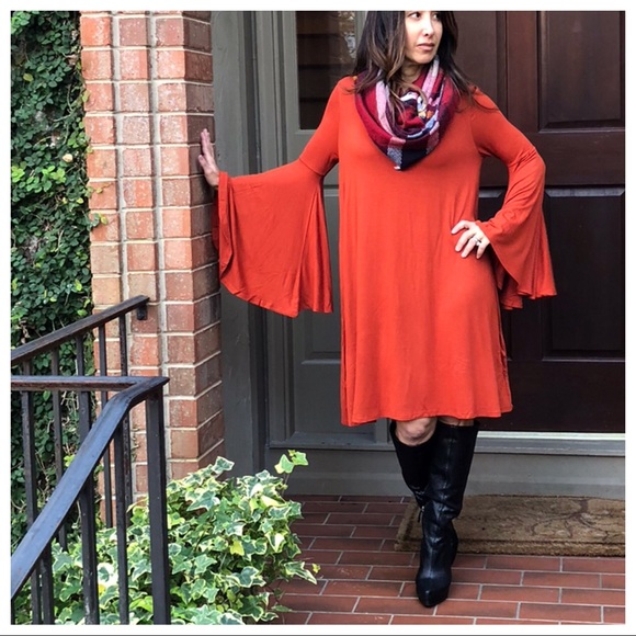♦️LAST ONE SALE♦️Bell sleeves rust swing dress - Picture 3 of 8