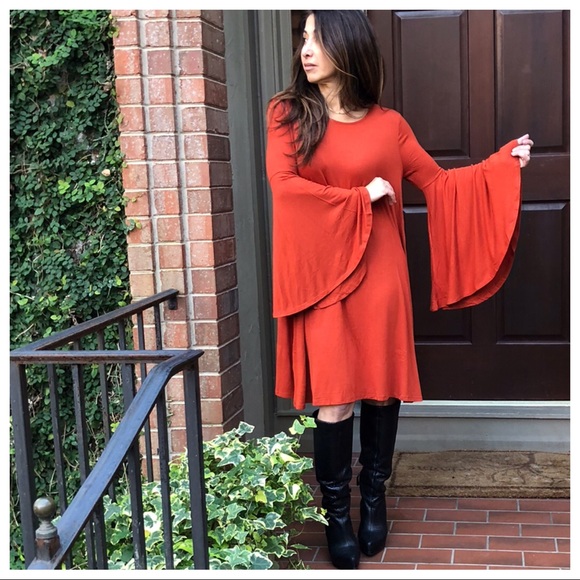 ♦️LAST ONE SALE♦️Bell sleeves rust swing dress - Picture 4 of 8