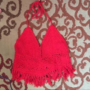 Red crochet fringe crop tie back top