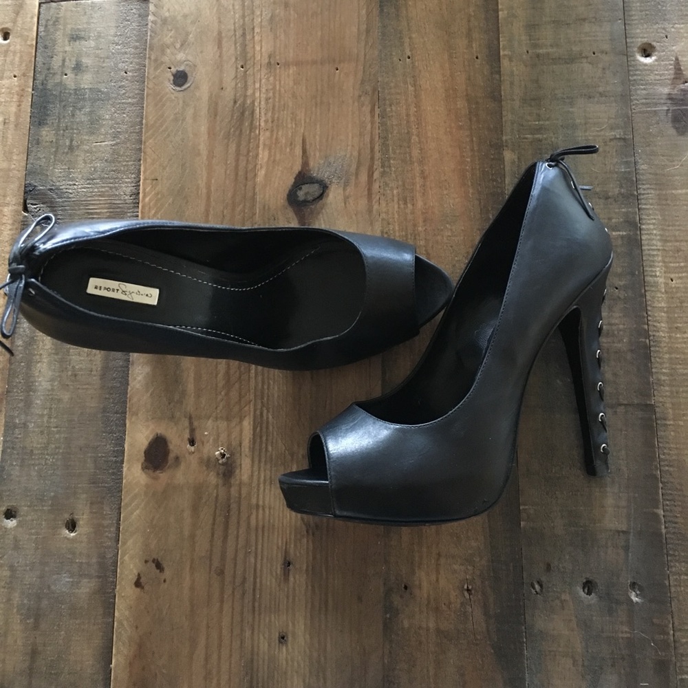 Report Signature black leather lace up pumps