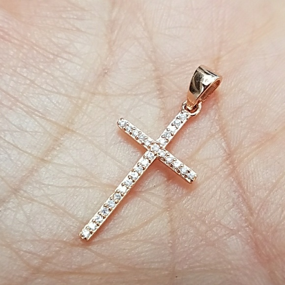 Rose gold CZ Cross Pendant  Necklace - Picture 1 of 6