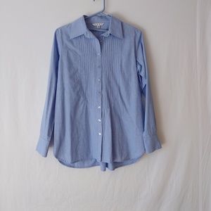 Cabi Pintuck Blouse Button Pleated Back Blue Tunic