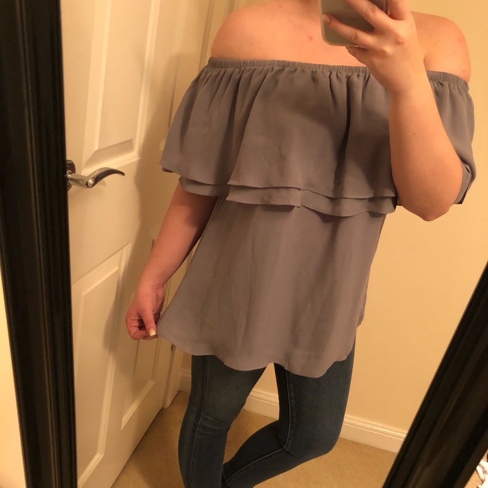Grey Off the Shoulder Ruffle Top - Picture 2 of 4