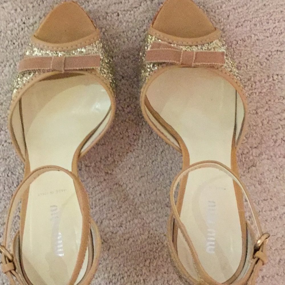 Miu Miu Gold Glitter Open Toe Heels