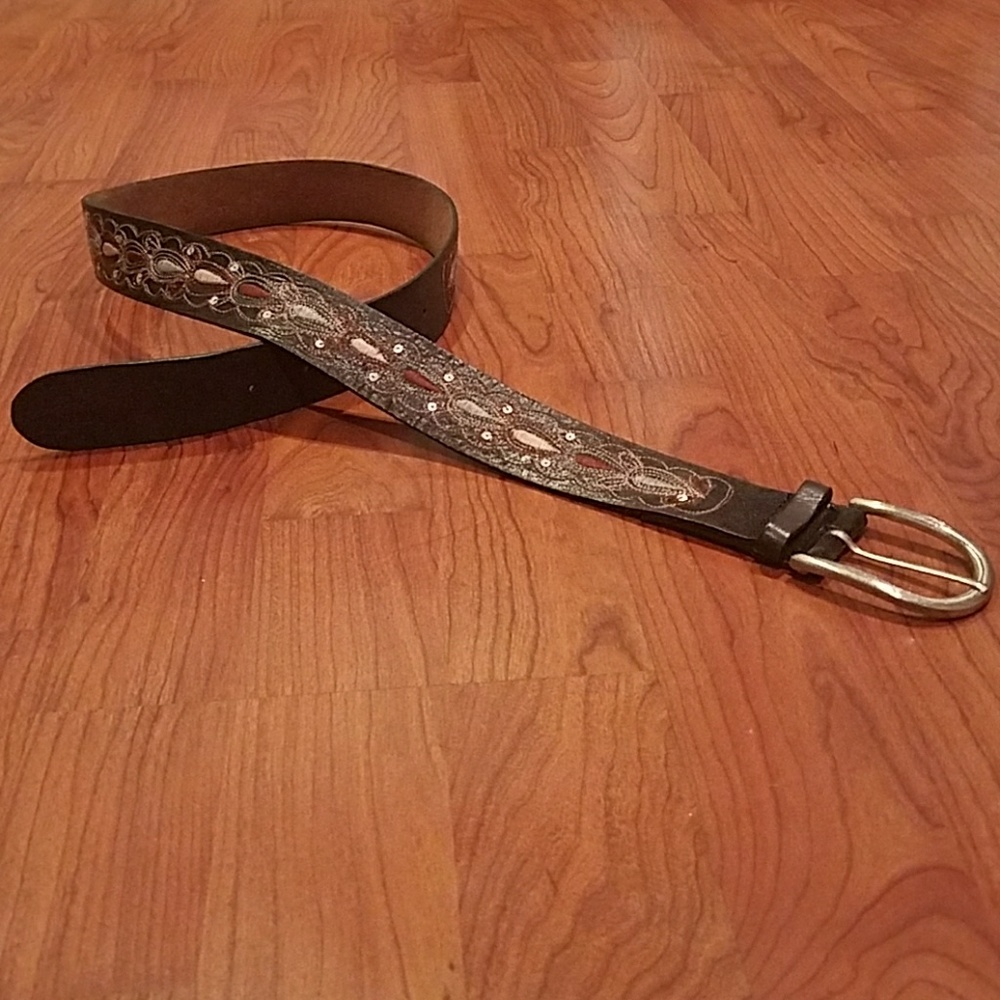 Embroidered Black Leather Belt