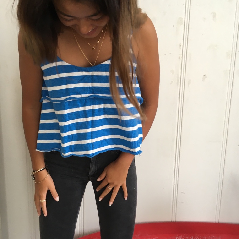 Blue and white stripe design top.