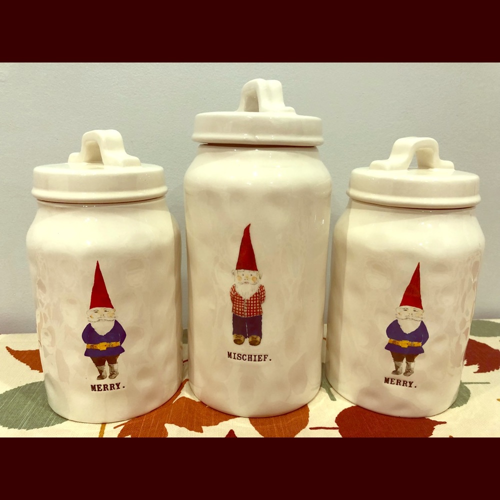 3 Rae Dunn Christmas canisters: gnome collection.