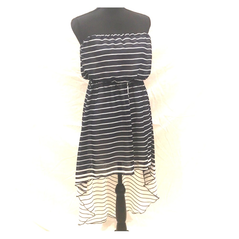 NAVY STRAPLESS HI-LOW DRESS