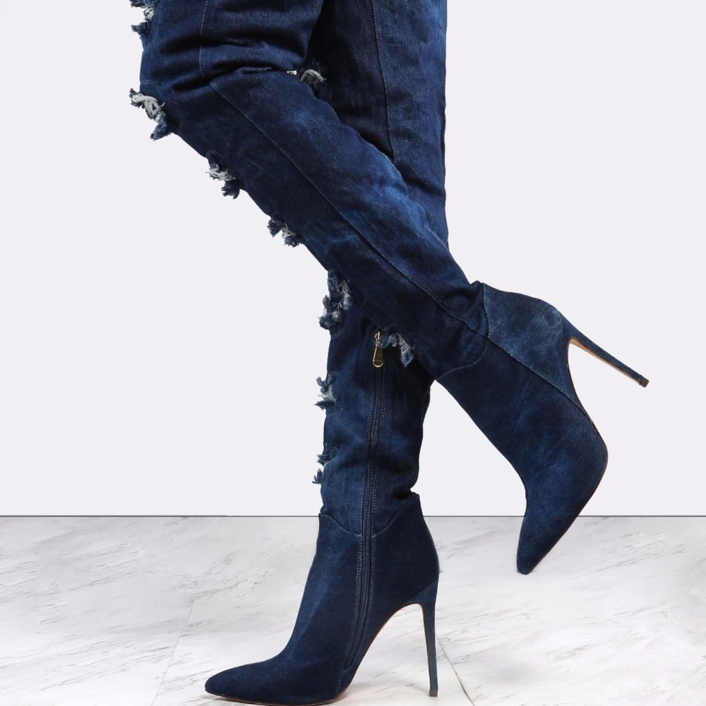 Distressed Denim Thigh High Heel Boots