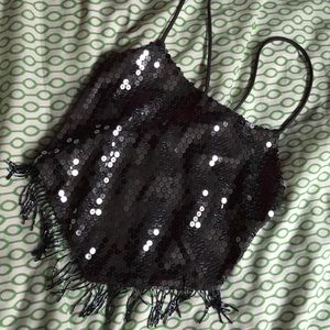 GUESS sequin open back a line fringe crop top tie