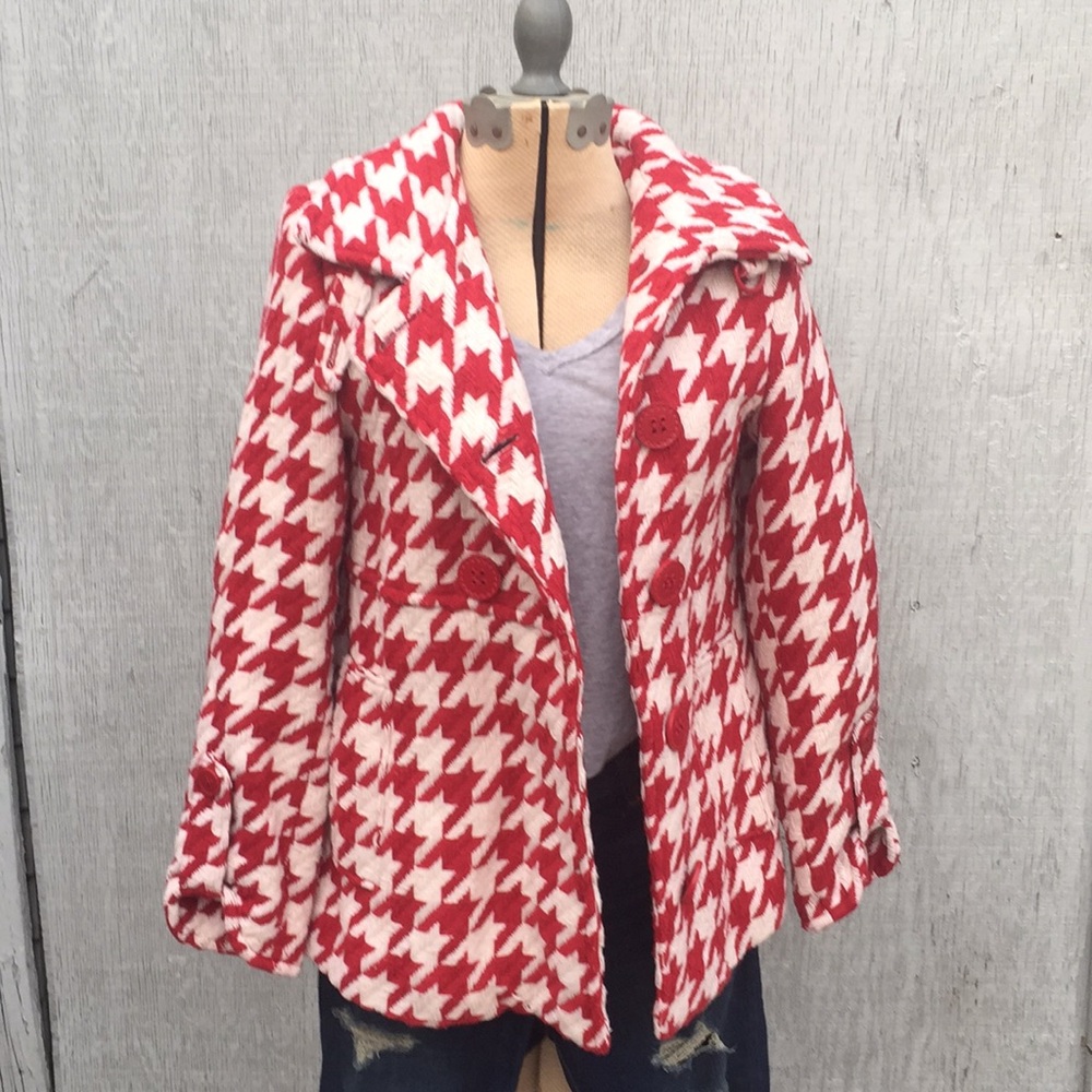 Express Wool Red Houndstooth Pea Coat