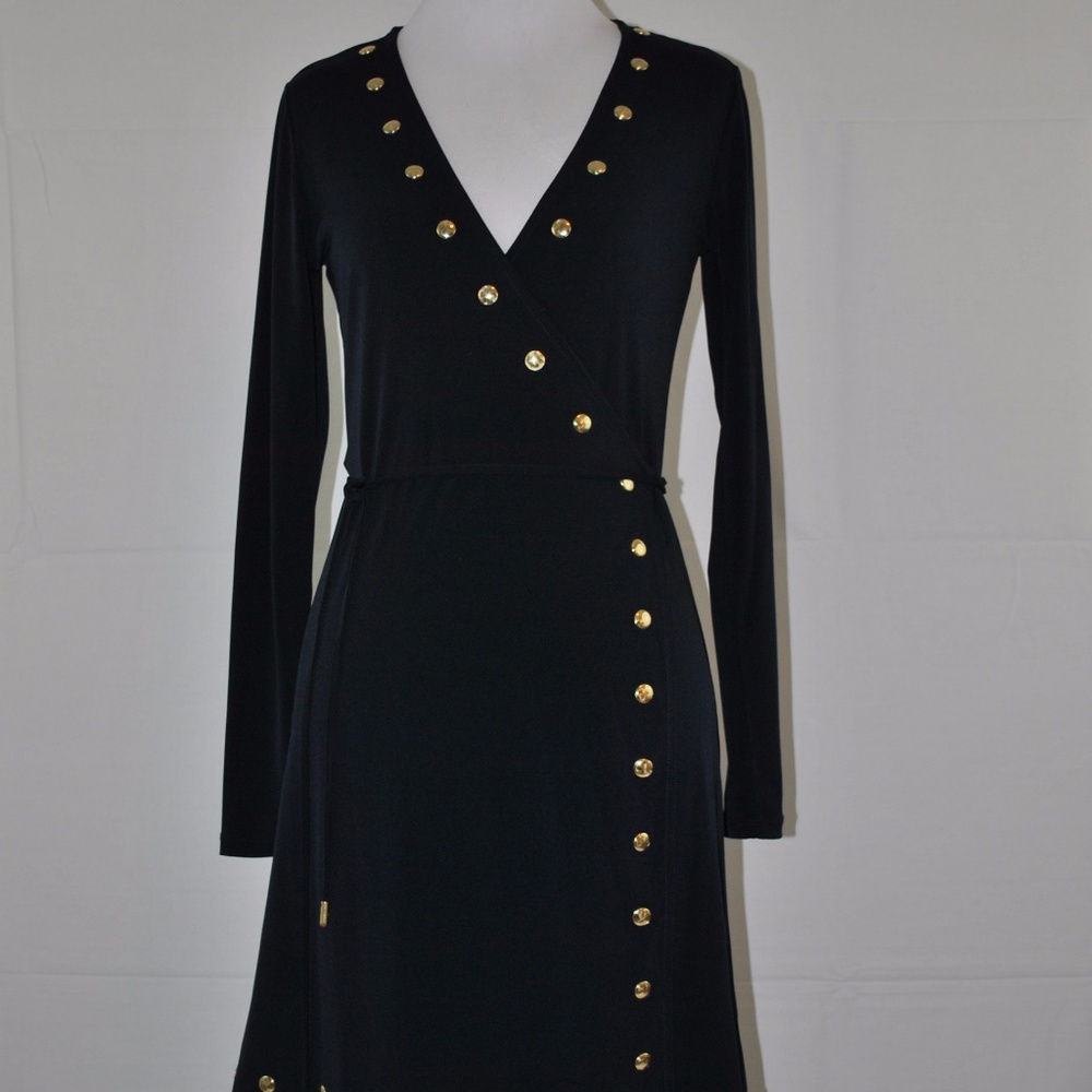 Michael Kors Petite Wrap Dress Navy Blue with Gold
