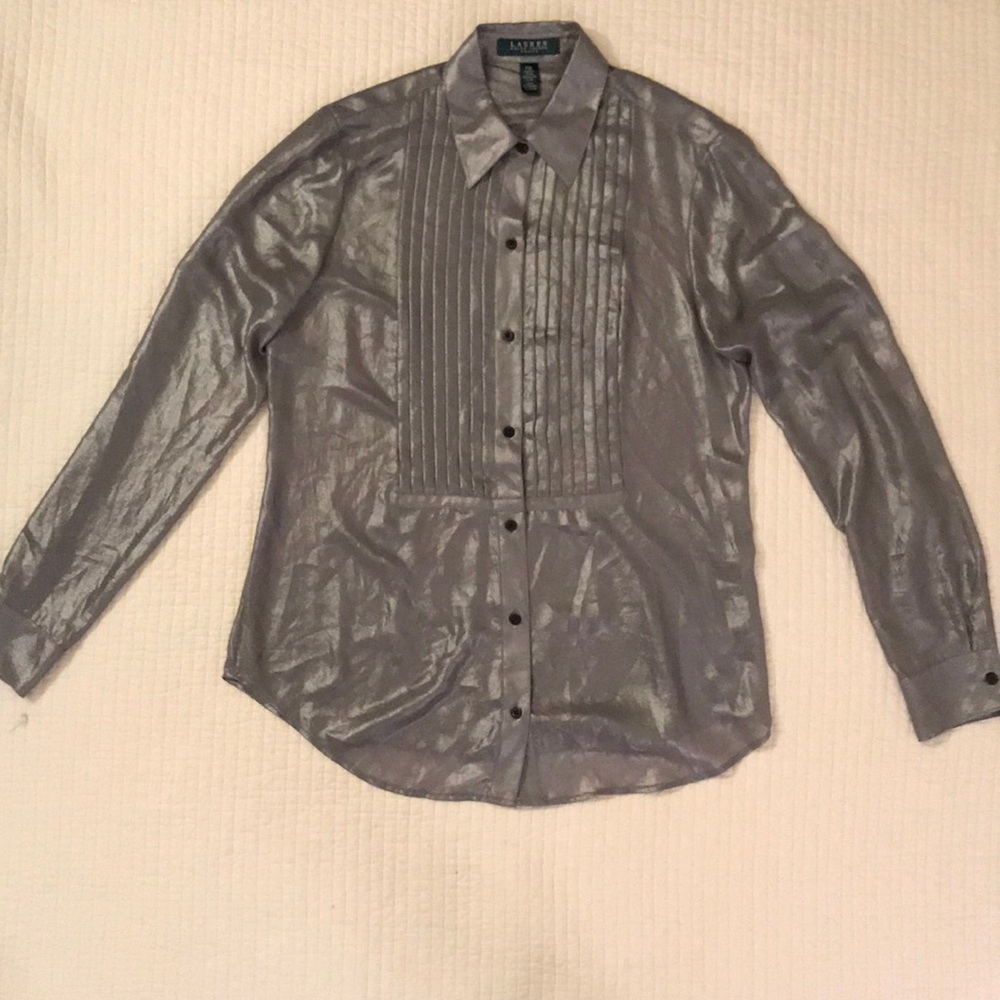 Long Metallic Silver “Tuxedo” Blouse