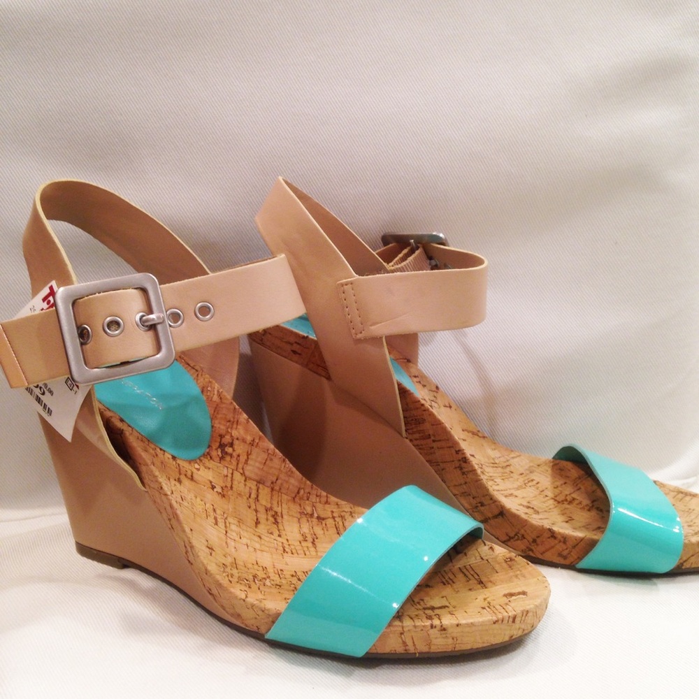 Turquoise & Tan Cork Wedge Heels