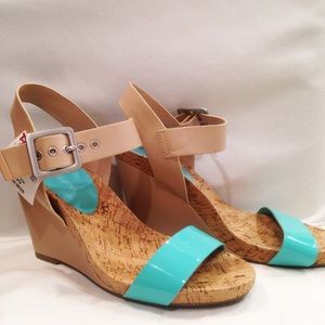 Turquoise & Tan Cork Wedge Heels