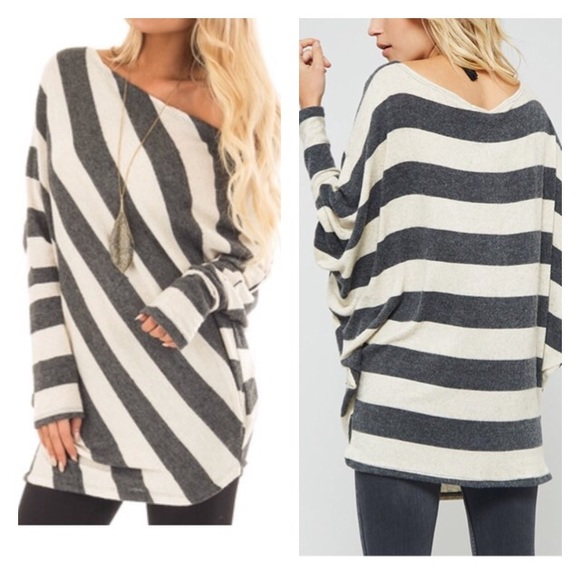 Oatmeal & Charcoal Striped   Dolman Top - Picture 2 of 2