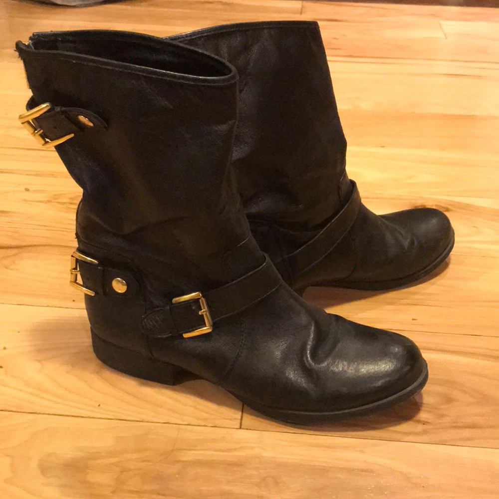 Steve Madden black boots with gold accents