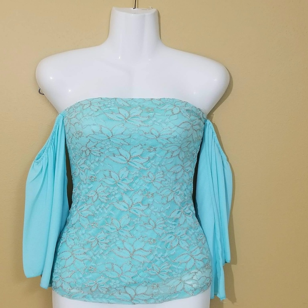 Mint Gold Off Shoulder 3/4 Bell Sleeve Lace Top