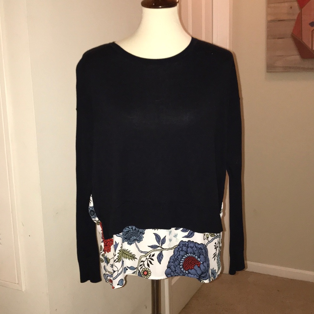 LOFT mixed media navy sweater with flower detail