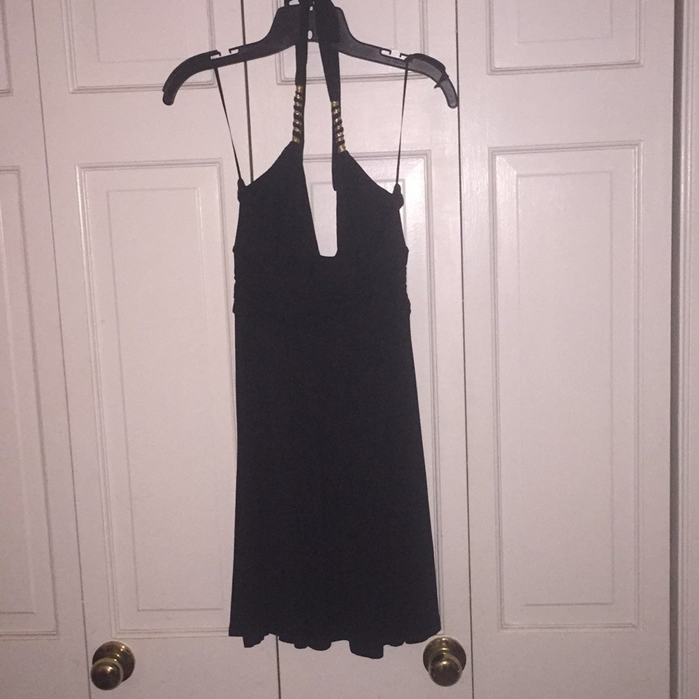 Black halter cocktail dress.