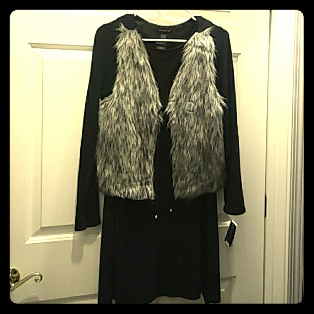 Teeze Me black sweater dress with fur vest.