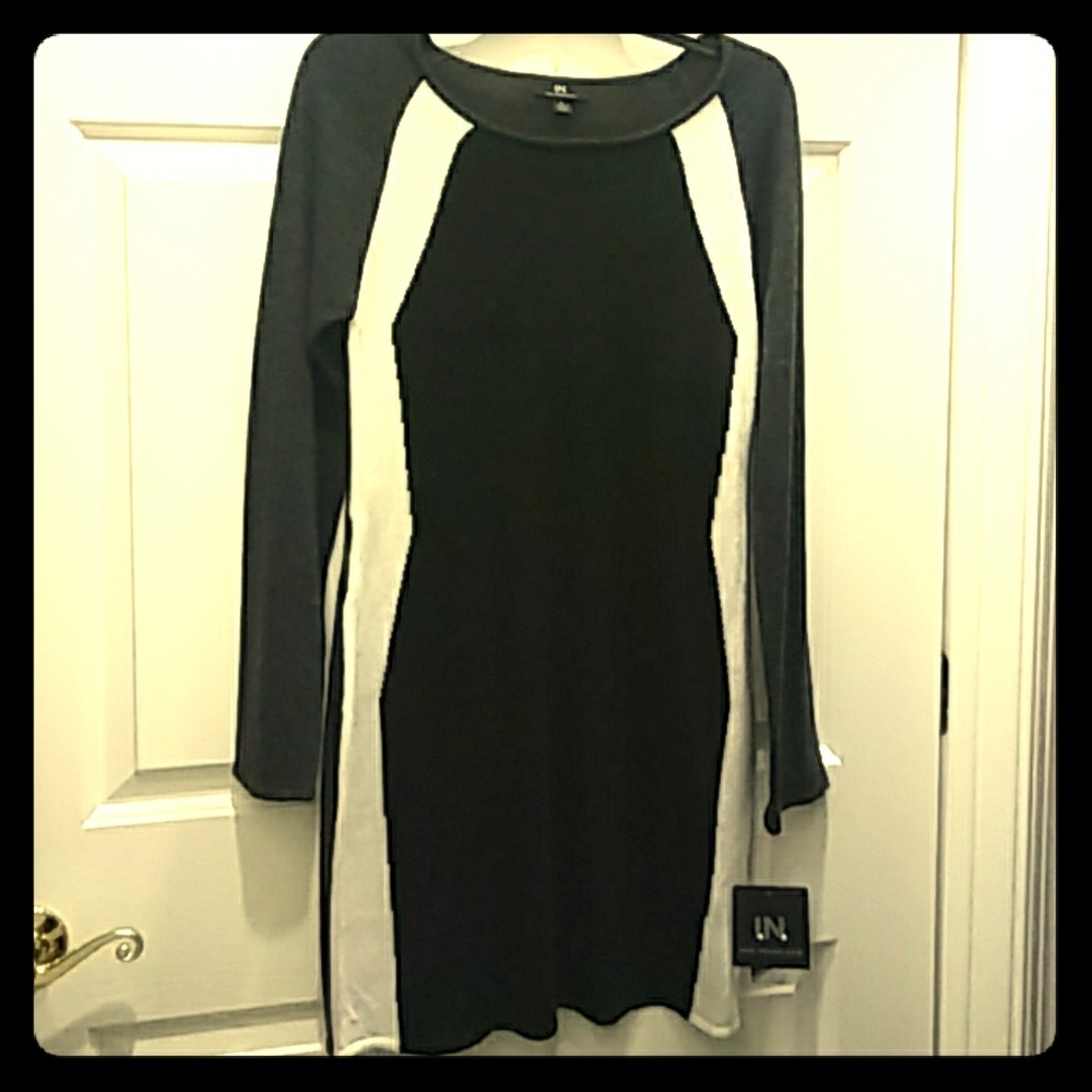 Black, gray and white sweater dress