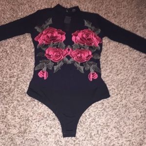 Black bodysuit with embroidered roses