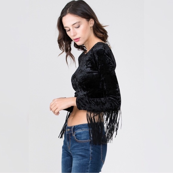 Stretch Black Velvet Fringe Crop - Picture 3 of 5
