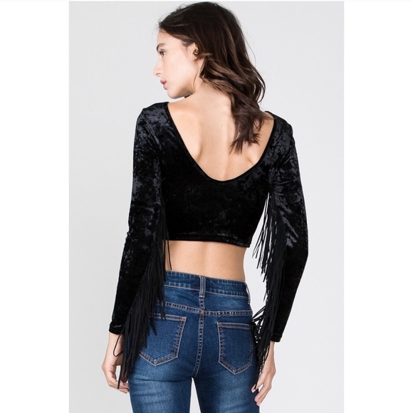 Stretch Black Velvet Fringe Crop - Picture 4 of 5
