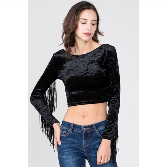 Stretch Black Velvet Fringe Crop - Picture 2 of 5