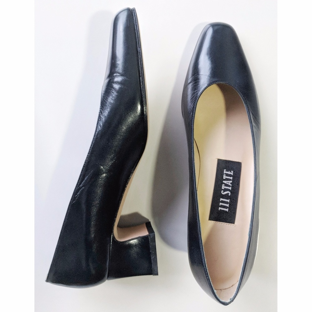 Navy blue leather block heel pumps, 7.5N, 1" heel