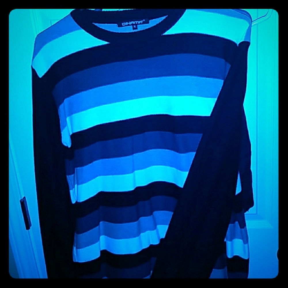 Grey, black, and white stripped sweater.