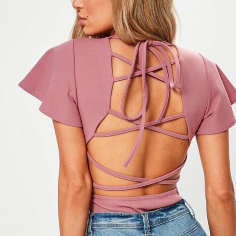 NWT Misguided Mauve flare sleeve lace up body suit