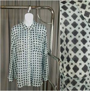 Boutique Print Baby Blue Button Down Blouse