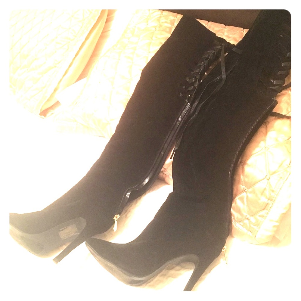 Black faux suede thigh high boots