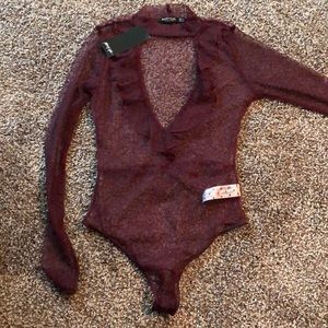 Nasty Gal Dobby Mesh Bodysuit with Ruffle