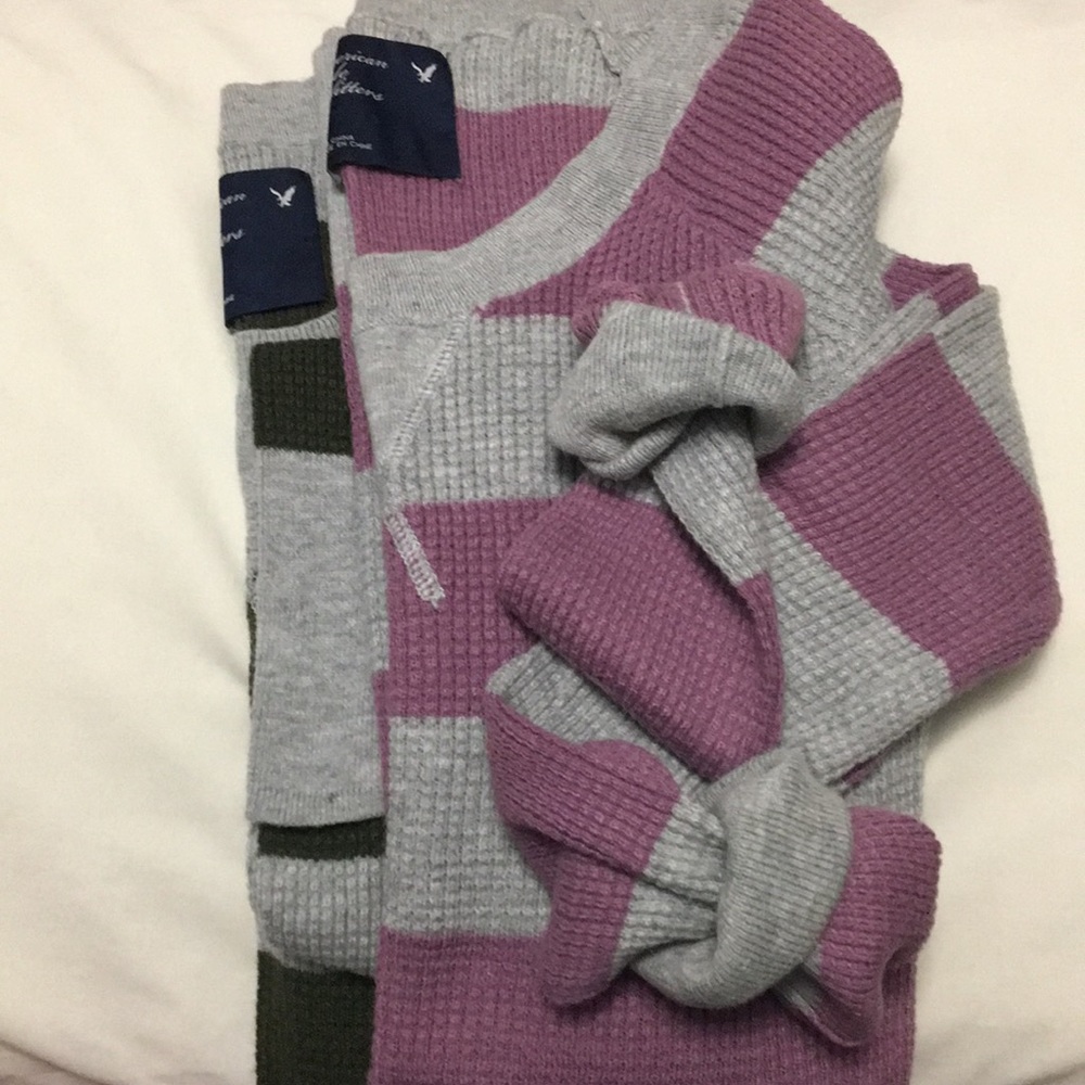AEO Sweaters in Olive and Lavender Colors.