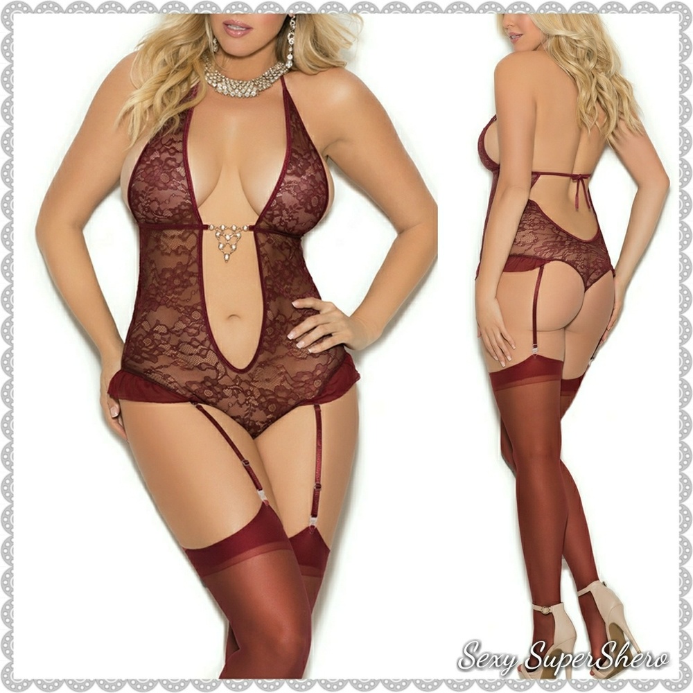 🆕PLUS🍷Wine teddiette rhinestones Plus Size Lingerie Set