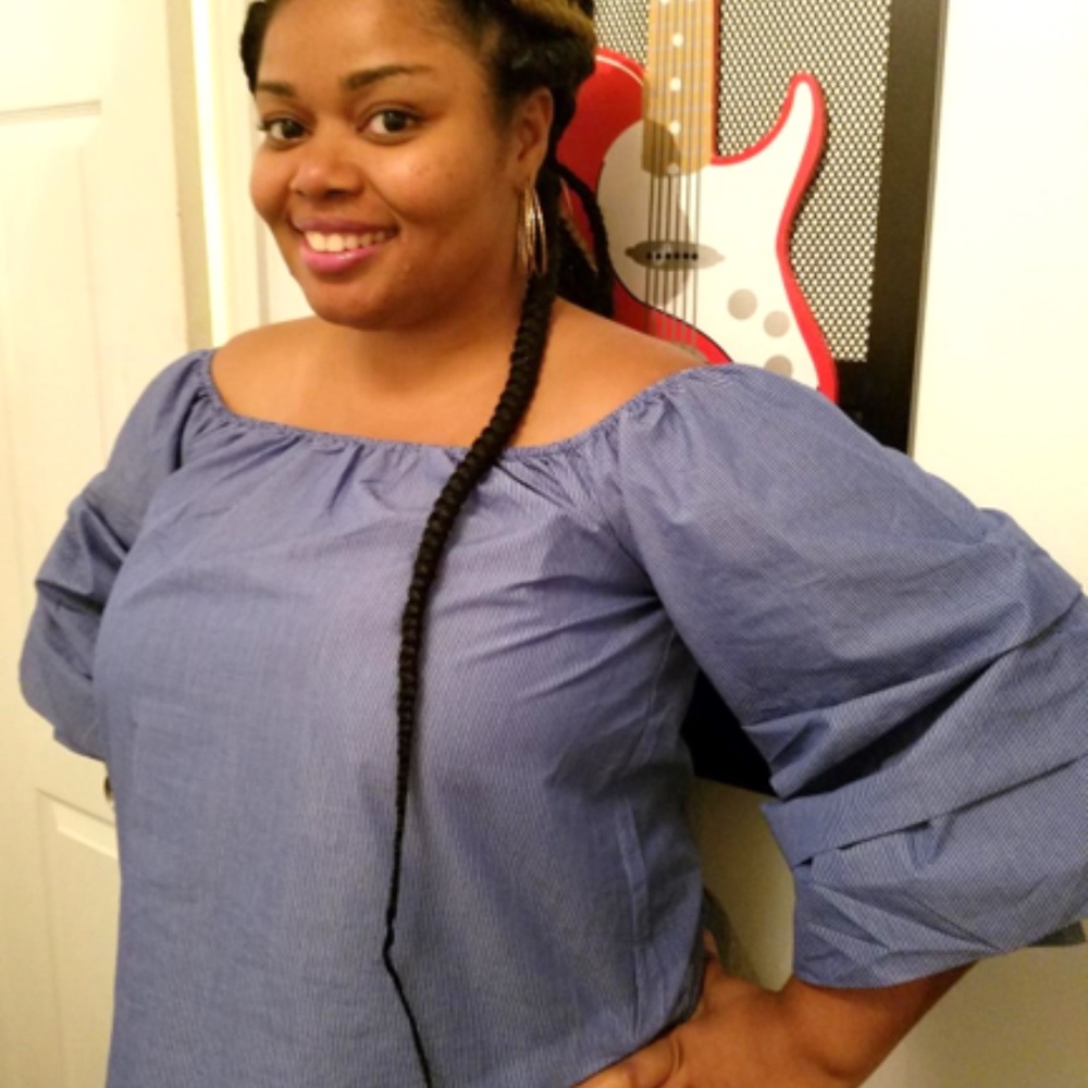 Off-the-Shoulder Striped Puffed Sleeve Top - Picture 2 of 2