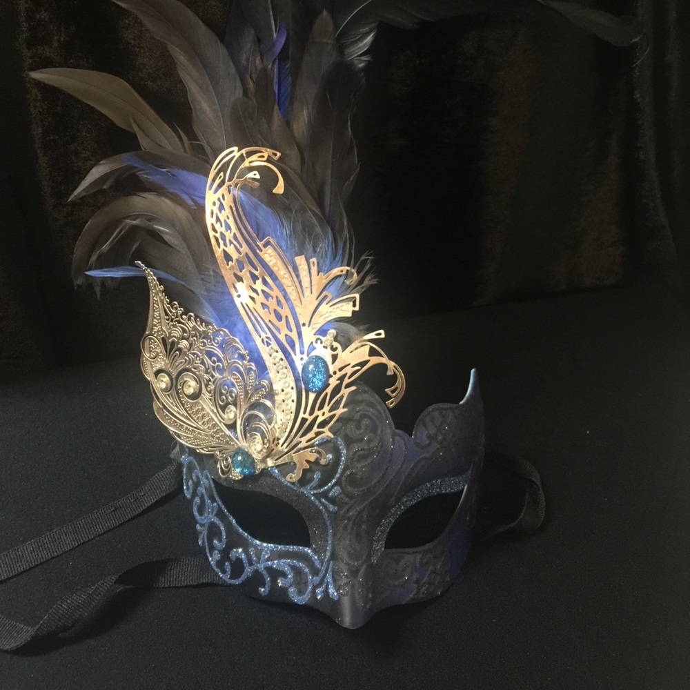Black, blue and gold masquerade mask