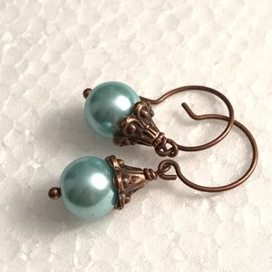 Antique Copper Handmade Aquamarine Pearl Earrings
