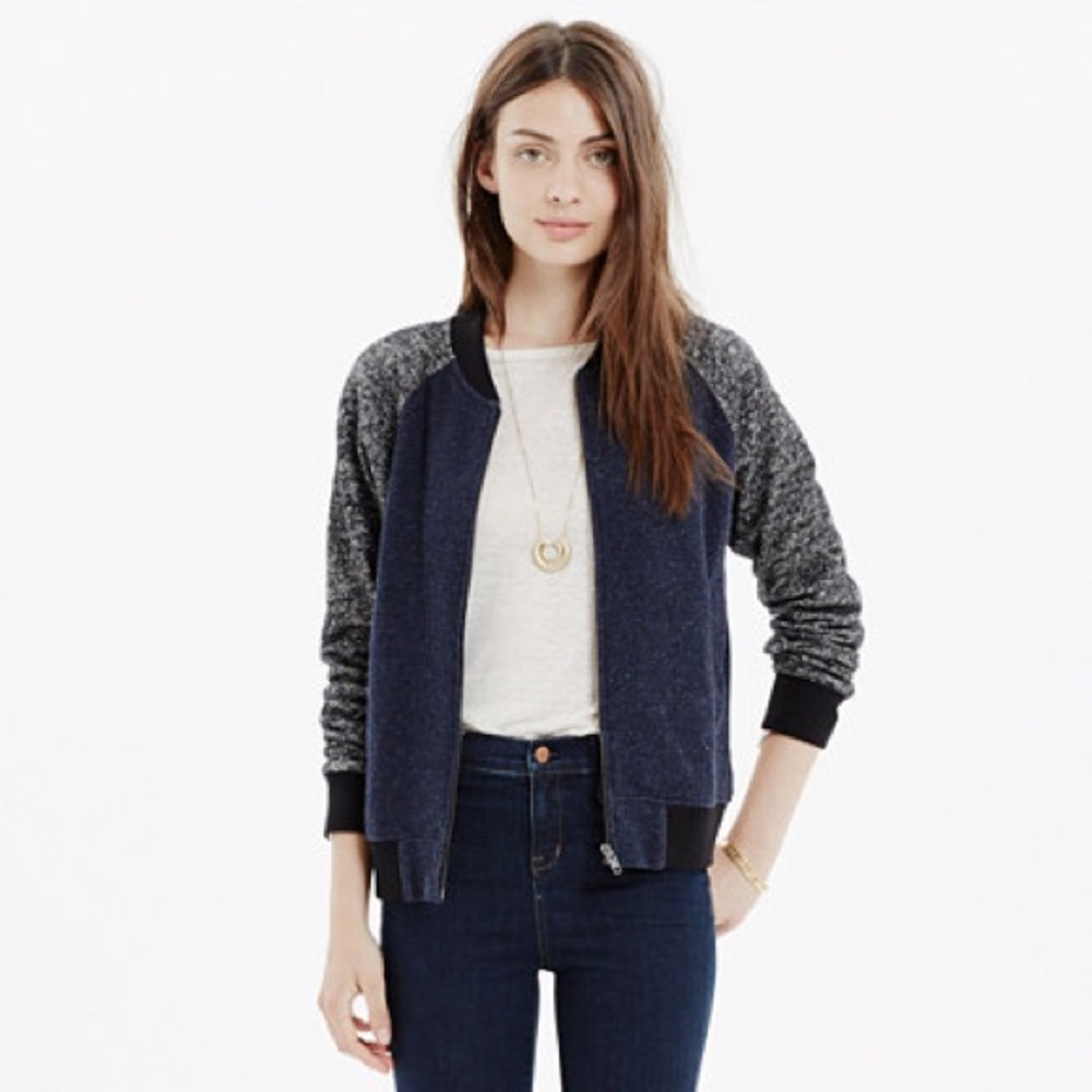 Madewell Sweatshirt Bomber Navy and Marled Gray L