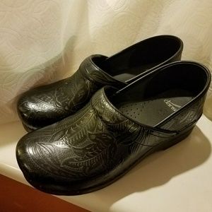 Dansko Black Tooled Leather Clogs