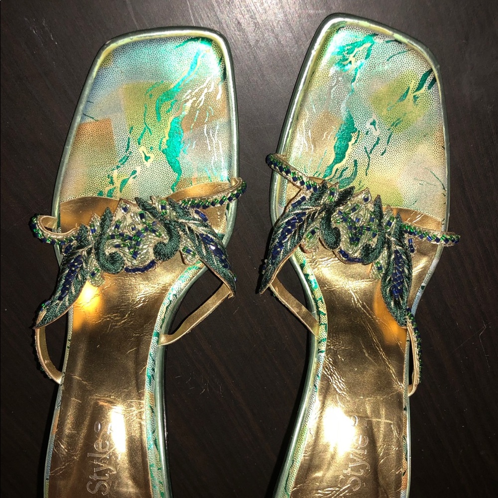 Size 8 hand embroidered green silk slip on’s